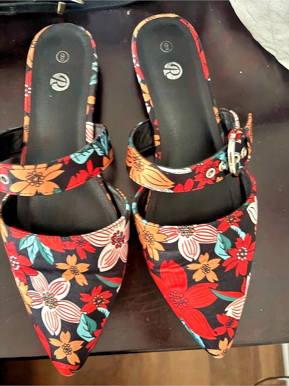 Floral Pointed-Toe Mules in Black & Red Like New